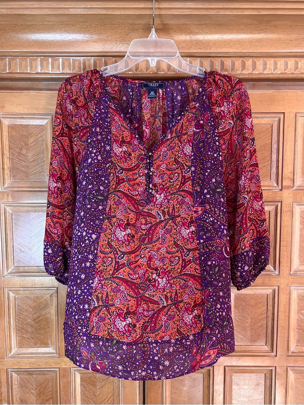 Chaps XS Boho Paisley Floral Peasant Blouse Purple Orange 3/4 Sleeve Top